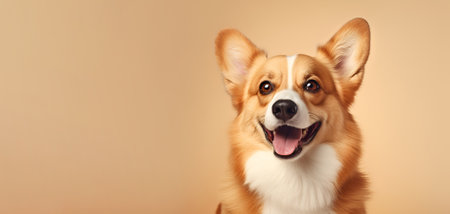 Portrait of a dog breed Welsh Corgi on beige background, close-up, banner, space for text, Al Generatedの素材