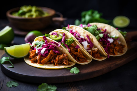 Homemade mexican tacos with vegetables on wooden board, Close up, Al Generatedの素材