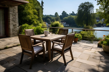 Outdoor terrace in front of the house by the river or lake with a square dining table for 4 person, breakfast or lunch in cozy settingの写真素材