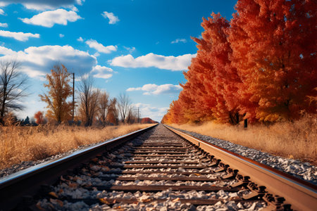 Railway going into the distance against the background of the blue sky and bright golden autumnの写真素材