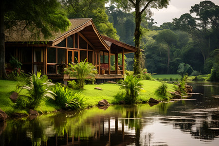 Cozy eco-house on the banks of the river, among the tropical forest, for a quiet rest and relaxationの写真素材