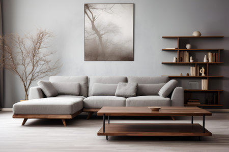 Interior of a modern living room with large gray sofa, coffee table and a painting on the wall,...