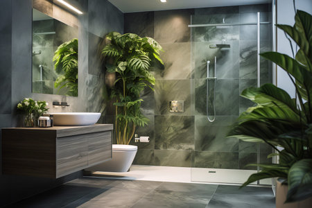 Interior design of a modern bathroom with shower, washbasin and big green plants in pots