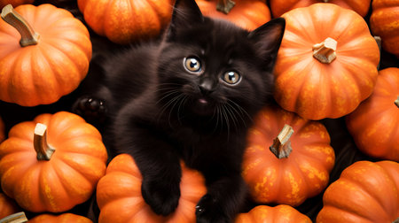 Funny black kitten sits among small pumpkins and looks intently at the cameraの写真素材