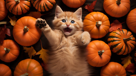 Funny ginger kitten lies on its back with its paws raised up among small pumpkins, Top viewの写真素材