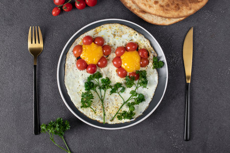 Scrambled eggs with cherry tomatoes in the shape of a flower, children's breakfast idea, view from aboveの写真素材