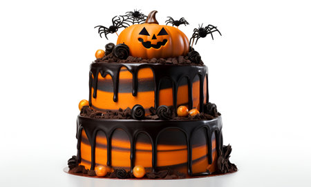 Multi-tiered Halloween cake isolated on a white background, decorated scary pumpkin and spidersの写真素材