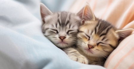 Two little tabby domestic kittens sleep cuddling each other while lying on blanket on the bedの写真素材