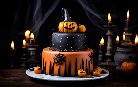 Halloween Cake covered with mastic and decorated scary pumpkins and cobweb on dark backgroundの写真素材