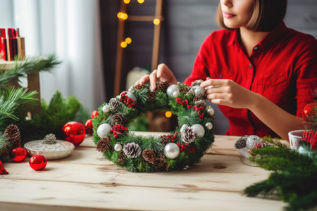 Woman red dress making handmade Christmas diy wreat and festive decorations on wooden table backgroundの写真素材
