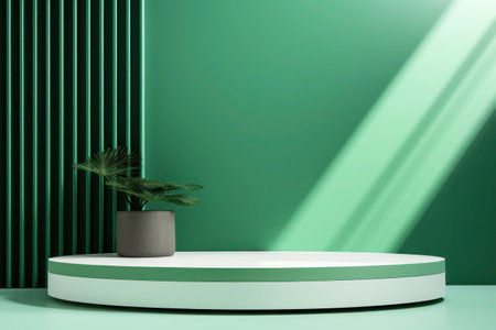 Green-white round podium next to a green wall for product display your productの写真素材