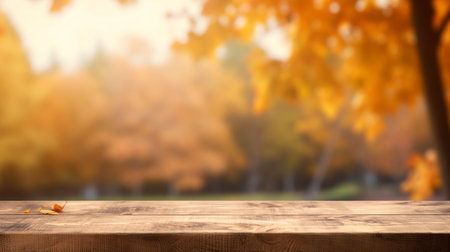 Empty wooden table top and blurred autumn landscape as background to display or mount your productsの写真素材