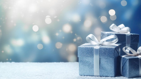 Christmas blue gift boxes with silver ribbon on blurred background with beautiful bokeh. Xmas...