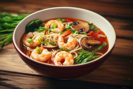 Asian noodle soup with shiitake mushrooms, shrimp, bok choy and pepperoni on wooden table, Closeupの写真素材