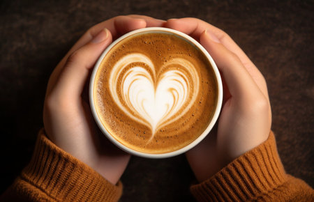 Female hands in sweater holding cup of latte coffee with foam as heart on brown background. Cozy...