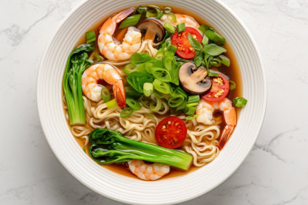 Asian noodle soup with shiitake mushrooms, shrimp and bok choy on light table, Top viewの写真素材