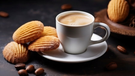 French Madeleine cookies and a cup of delicious latte coffee on a dark tableの写真素材