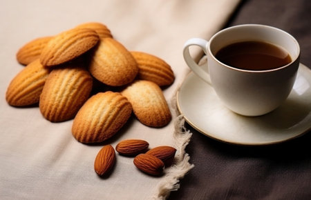 Delicious French Madeleine cookies and a cup of coffee on a tableの写真素材