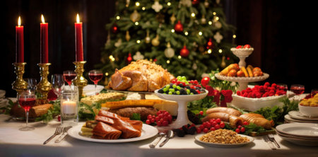 Christmas banner of dinner table full of dishes with food, baked chicken in the center and assorted snacks, Christmas tree with garlands of lights in the backgroundの写真素材