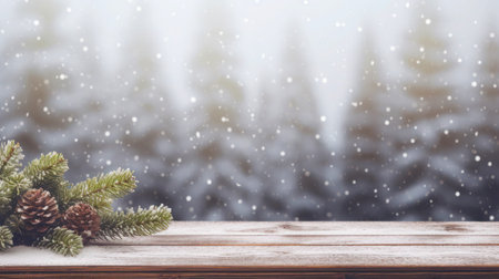 Empty wooden tabletop, spruce branch with cones against the background of snowy forest, space to display or mount your productの写真素材