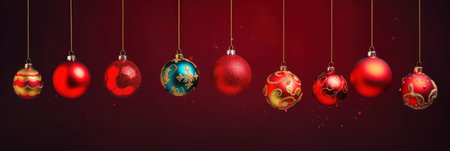 Banner with Christmas multi-colored balls with painting on dark red background. Happy holiday of...