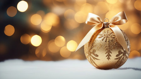 Golden Christmas ball with bow on blurred background of bokeh lights, Copy spaceの写真素材
