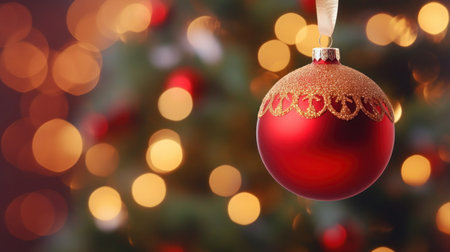 Red Christmas ball with ribbon on blurred background of Christmas tree, Space for textの写真素材