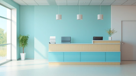 Medical waiting room with reception desk in a dental clinic. Empty waiting room in lobby with reception desk in medical facilityの写真素材