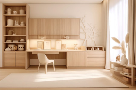 Modern children's room in beige shades for a school-age childの写真素材