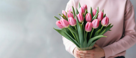 Bouquet of beautiful pink tulips in male hands, close up, spring bannerの写真素材
