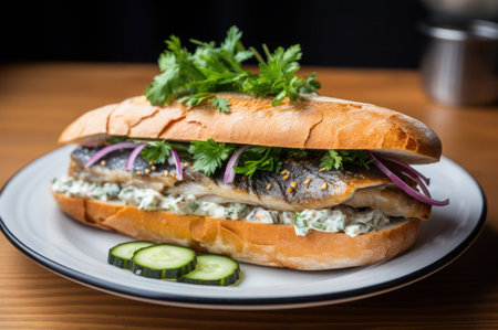 Delicious herring sandwich in Amsterdam with smoked fish, cucumber salad and pickled onionsの写真素材