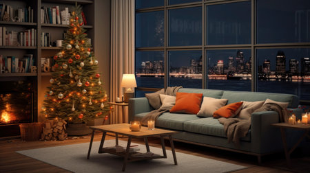 Cozy modern living room with fireplace, decorated with Christmas tree for Christmas nightの写真素材