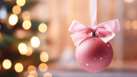 Pink Christmas ball with bow on blurred background of Christmas tree, Copy spaceの写真素材