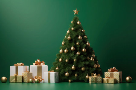 Christmas tree and gifts on green background. Space for text. Banner. Xmas greeting card