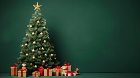 Christmas tree, toys and gifts on green background. Space for text. Xmas greeting cardの写真素材