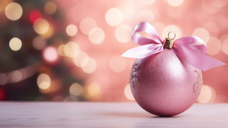 Pink Christmas ball with bow on blurred background of Christmas tree, Space for textの写真素材