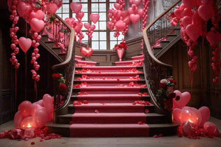 Staircase strewn with rose petals and decorated with heart-shaped balloons - interior design for Valentines Dayの写真素材