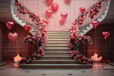Staircase with red and pink flower garlands, heart-shaped balloons and candles - interior design for Happy Valentine's Dayの写真素材