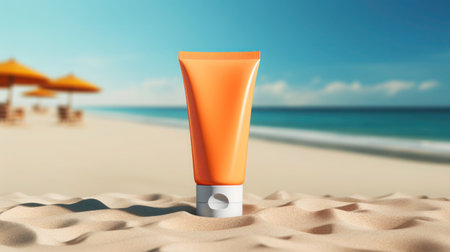 Sunscreen on summer beach with ocean background, cosmetic product template mockup, Copy spaceの写真素材