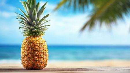 Fresh pineapple on wooden tabletop on background blurred summer beach with palms, Space for text