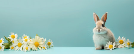 Sitting little rabbit and white chamomiles - Banner Easter On Pastel Backgroundの写真素材