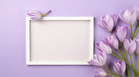 Blank photo frame with crocuses flowers arrangement on light violet background, Top view, Copy spaceの写真素材