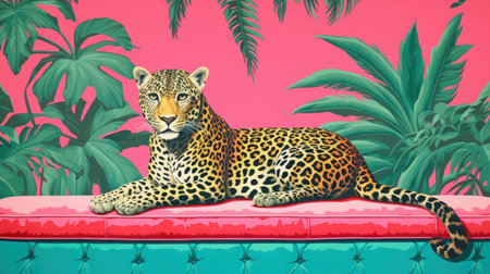 Drawing of a leopard lying on bright sofa, on a pink background with tropical plantsの写真素材