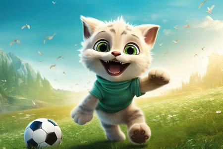 Joyful kitten playing soccer on vibrant green grass under a clear bly sky, exhibiting happiness and playful energy in a fantasy settingの写真素材