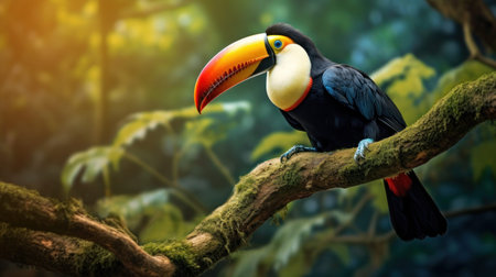 Toucan bird portrait on a branch, Space for text