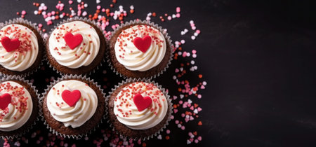 Valentines Day brownie cupcakes decorated with whipped cream, sprinkles and red hearts on dark...
