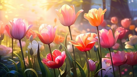 Bright tulips blooming in the garden or park, Closeupの写真素材