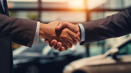 Dealer and new car owner handshake after concluding, Concept of car dealerships, car sale and rentの写真素材