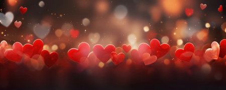 Valentines Day abstract blurred background background with red hearts with copy space. Festive...