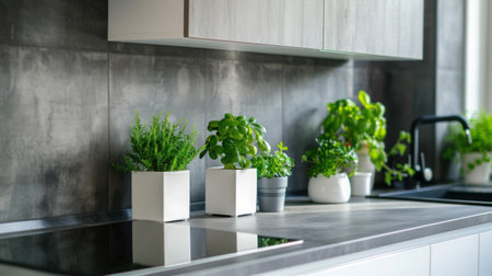 An image of modern kitchen with scented green plantsの写真素材